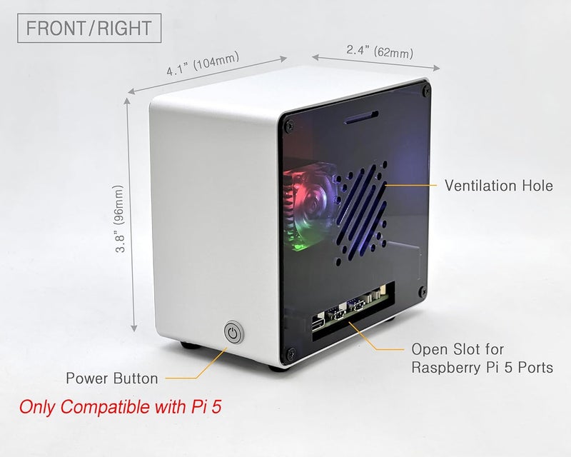ElectroCookie Raspberry Pi 5 Case, Aluminum Mini Tower Case with Cooling Fan and Color Changing Ambient Light (Silver) - Image 3